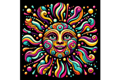 Colorful Psychedelic Sun Face Art Unique Character