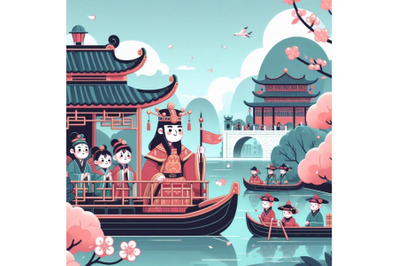 Chinese emperor in the royal palace of China in the canal on the boat