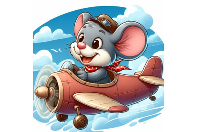Cartoon Mouse is flying on a plane