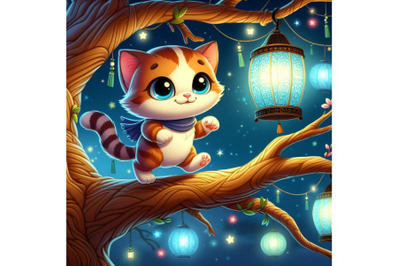 cat walking on tree branch with blue lanterns