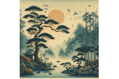 Oriental style painting, bamboo suibokuga