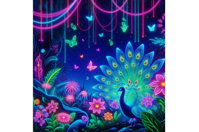 A neon-lit jungle with glowing flora and fauna exotic peacock