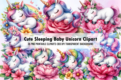 Cute Sleeping Baby Unicorn Clipart PNG