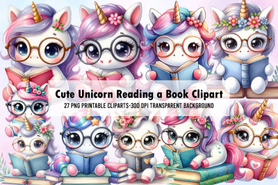 Cute Unicorn Reading a Book Clipart