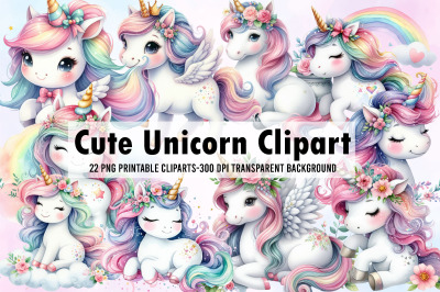 Watercolor Cute Unicorn Clipart Bundle