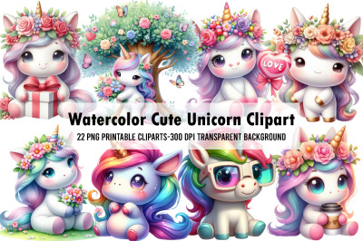 Watercolor Cute Unicorn Clipart Bundle