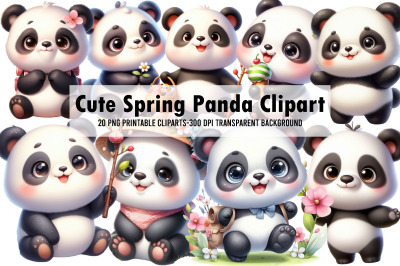 Cute Spring Panda Watercolor Clipart