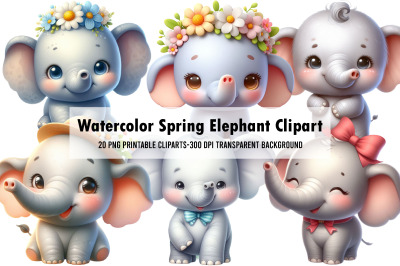 Watercolor Spring Elephant Clipart