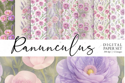Watercolor Ranunculus Patterns Bundle | PNG cliparts