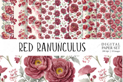 Watercolor Red Ranunculus Patterns Bundle | PNG cliparts