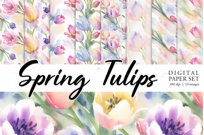 Watercolor Spring Tulips Wallpaper | Seamless pattern bundle