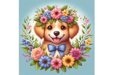 Cute dog wearing flower wreath