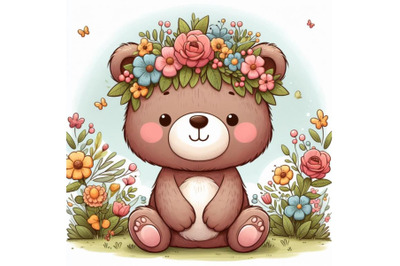 Cute teddy bear wearing flower wreath