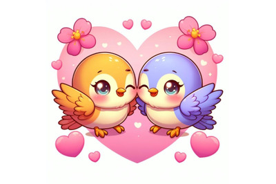 A 2D Two cute bird lovers on pink hearts