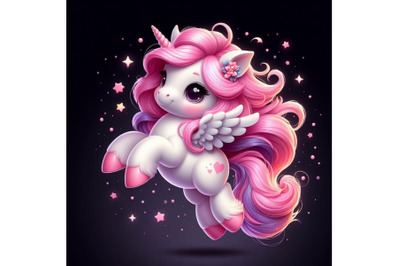 cute fluffy pink unicorn&2C; black background