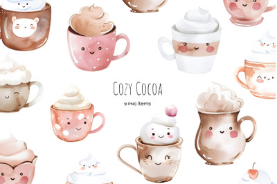 Watercolor kawaii hot chocolate cup. Kawaii cocoa cup 9 PNG