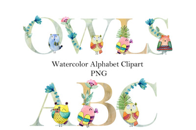 Watercolor Alphabet with Owls.