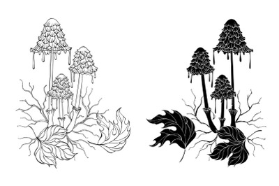 Monochrome ink mushrooms