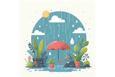 Rainy day with plant vector illustration set