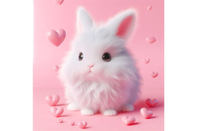 cute fluffy white bunny, pink background 3D set