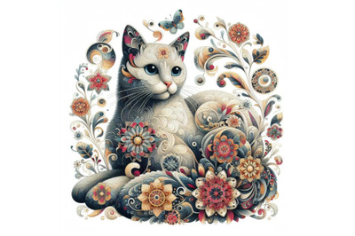 beautiful decorative cat abstract floral set