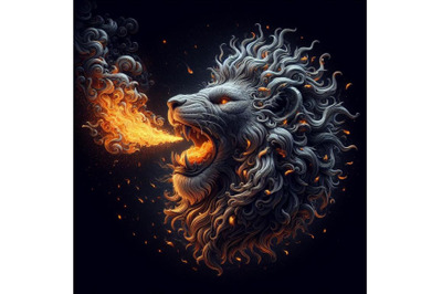 fire blowing lion , black background set