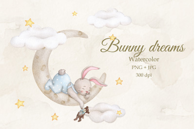 Baby bunny on the moon. Boy. Watercolor.