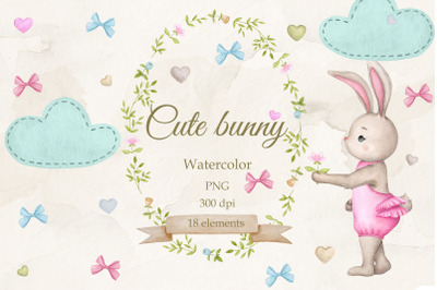 Cute bunny. Girl. Watercolor set PNG