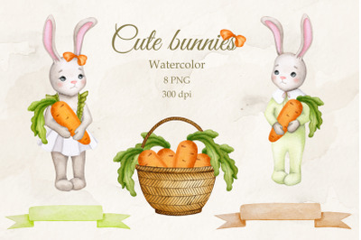 Cute bunnies with carrots. Watercolor PNG