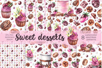 Watercolor sweet desserts patterns JPG, PNG
