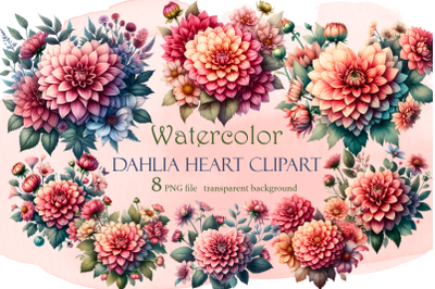 Dahlia Heart, Flowers Watercolor Clipart