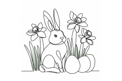 Abstract bunny, eggs, blooming narcissus flower