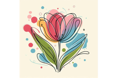 Abstract line art of tulip flower with color splats. Tulip contour dra