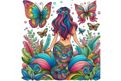 Colorful illustration with patterned rear mermaid and butterflies