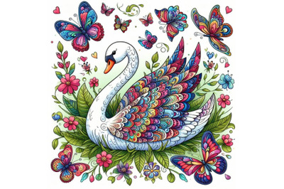 Colorful illustration with patterned rear swan and butterflies