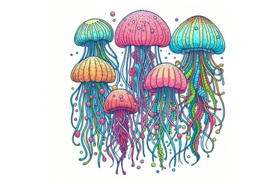 colorful Jellyfish line art style