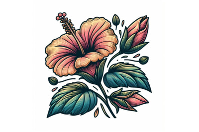 colorful line art decoration of hibiscus flower with leaves