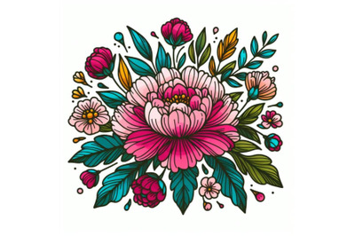 colorful peony line art style