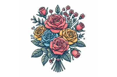 colorful rose bouquet line art style
