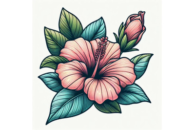 Contour engraving bud. colorful line art decoration of hibiscus flower