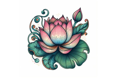 Contour engraving bud. colorful line art decoration of lotus flower wi