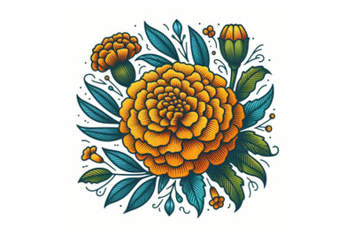 Contour engraving bud. colorful line art decoration of marigold flower