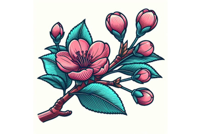 Contour engraving bud. colorful line art decoration of sakura flower