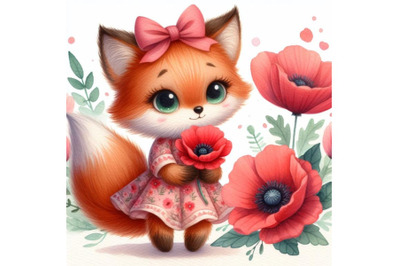 Cute fox girl holding a red poppy illustration watercolor