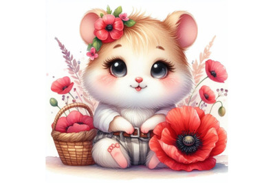 Cute hamster girl holding a red poppy illustration watercolor