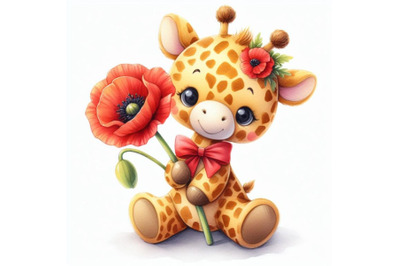 Cute teddy giraffe holding a red poppy illustration watercolor