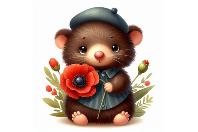Cute teddy mole holding a red poppy illustration watercolor