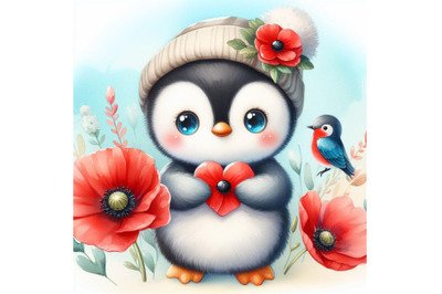 Cute teddy penguin holding a red poppy illustration watercolor