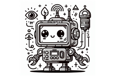 Digital art cute cartoon robot line art on white background