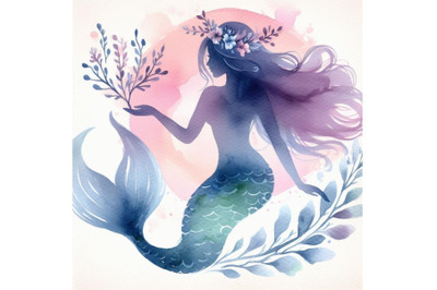sets of 8 Watercolor mermaid silhouette soft color